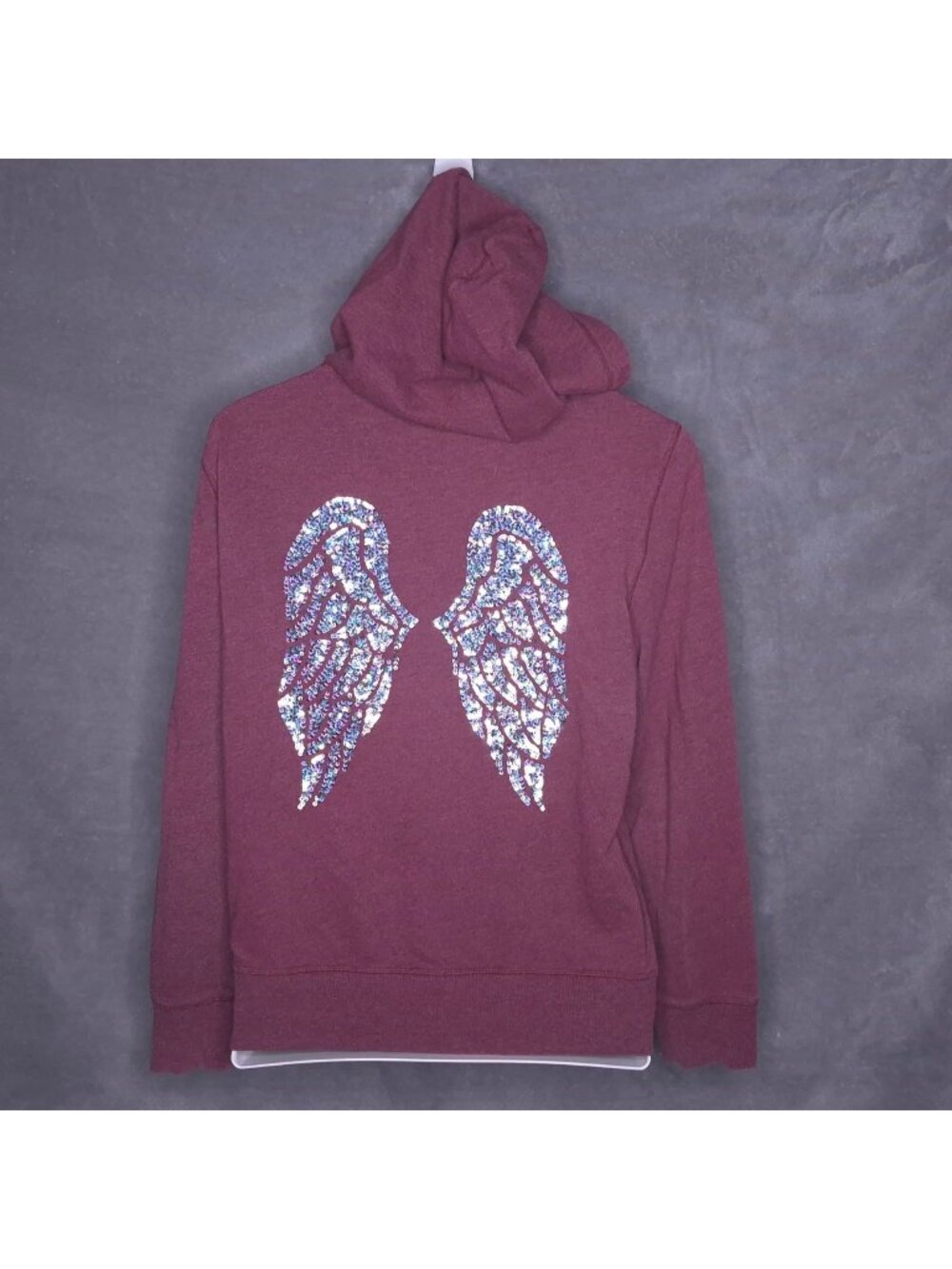 Victorias Secret Y2K Maroon Zip-Up Hoodie Large Sequined Angel Wings Imperfect